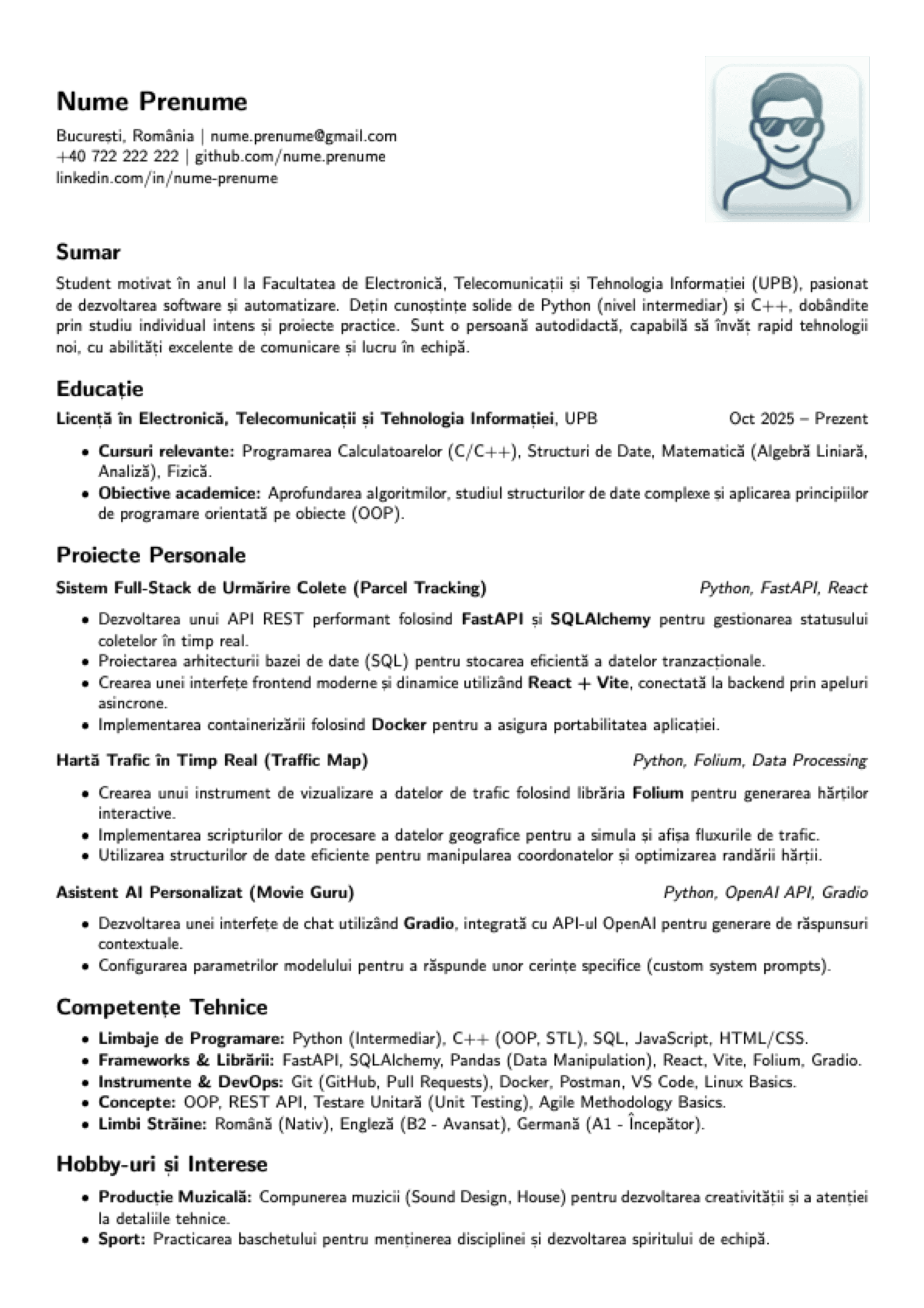 Template-ul de CV pe care îl completezi în modul